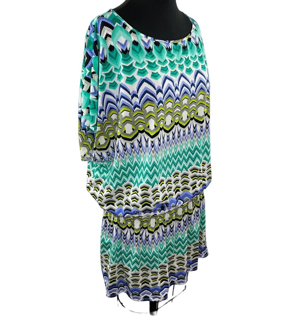 LA BLANCA Green Multi Chevron Print Swim Coverup Dress Tunic Beach Split Back L